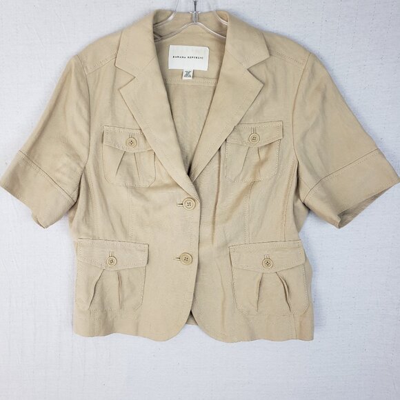 Banana Republic Y2K Safari Jacket Blazer Short Sleeve Linen Silk Ivory Beige 12P - Picture 1 of 9